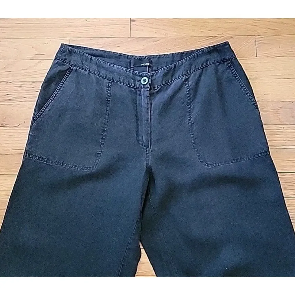 H M Hennes Black Linen Wide Leg Pants Mid Rise Unlined Boho‎ Classic Lagenlook